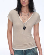 Wool Tencel Deep V-Neck with Zipper Short Sleeve Top