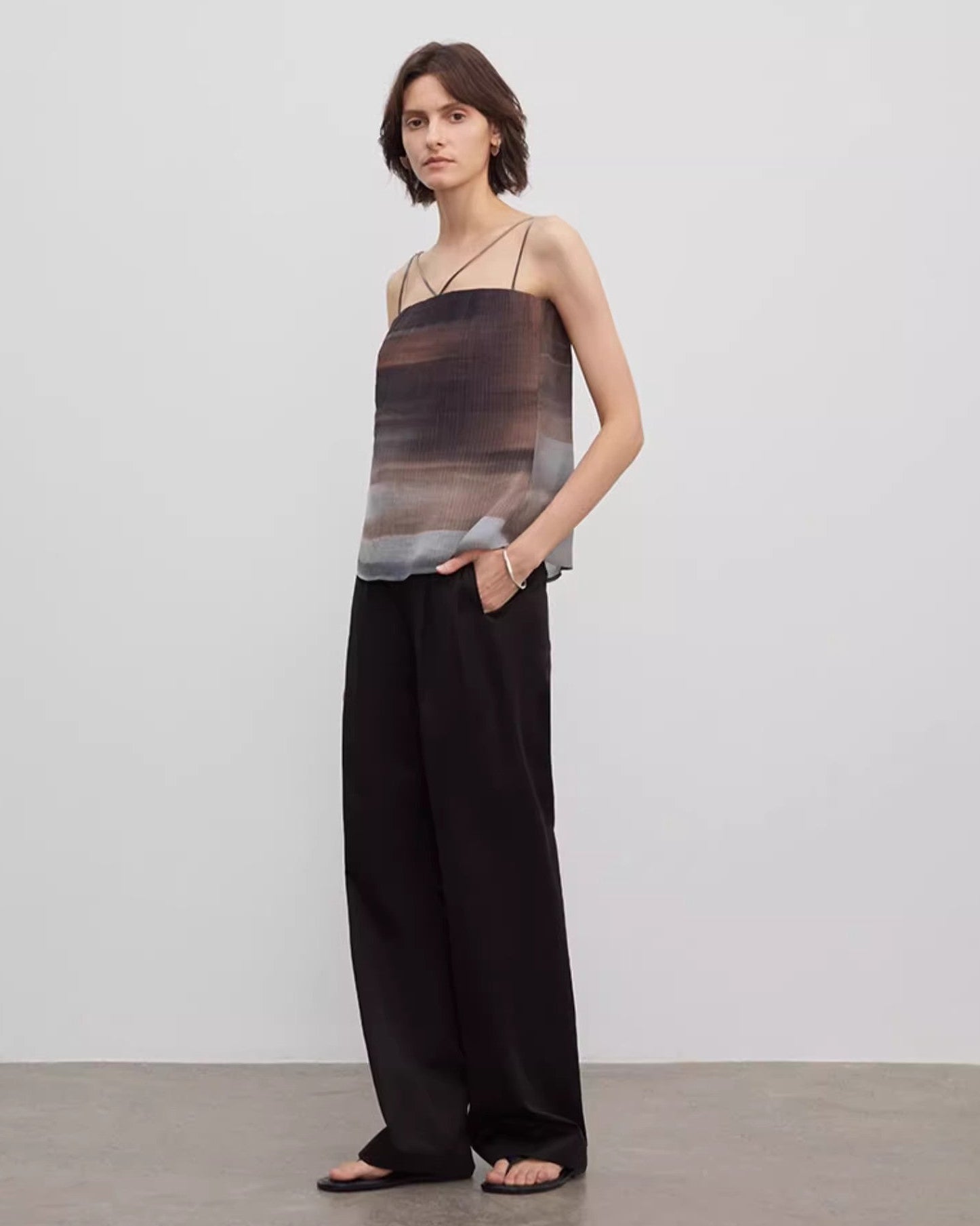 Spliced Double-Pleat Wide Leg Straight Trousers