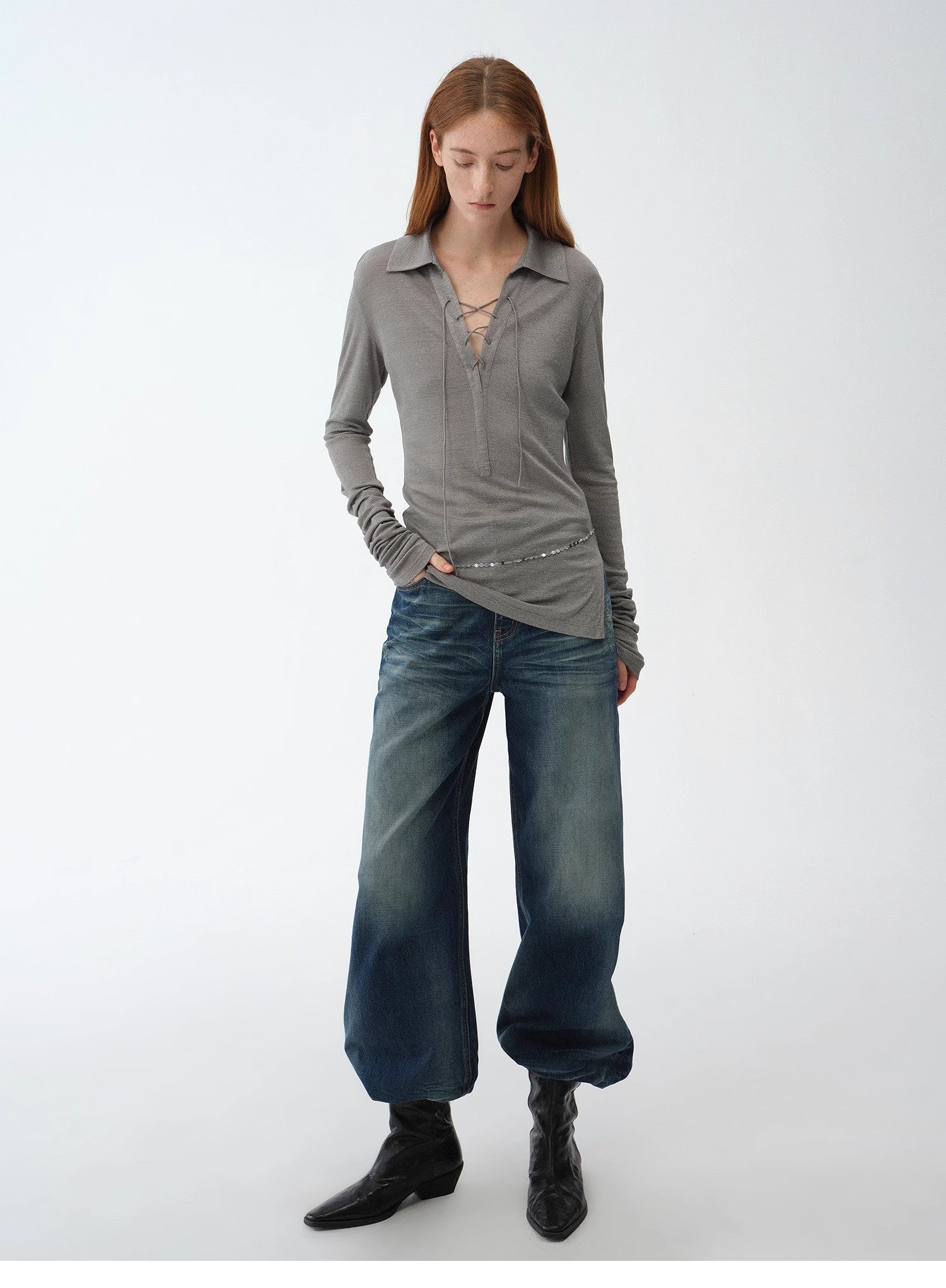 Light Silver Silk Slightly Transparent Knit Top ‘Eiffel’