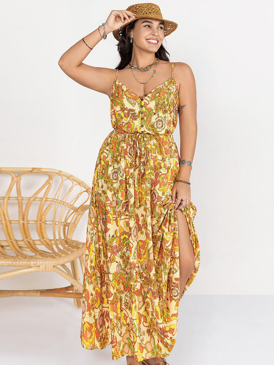 Gold Printed V-Neck Maxi Cami Dress