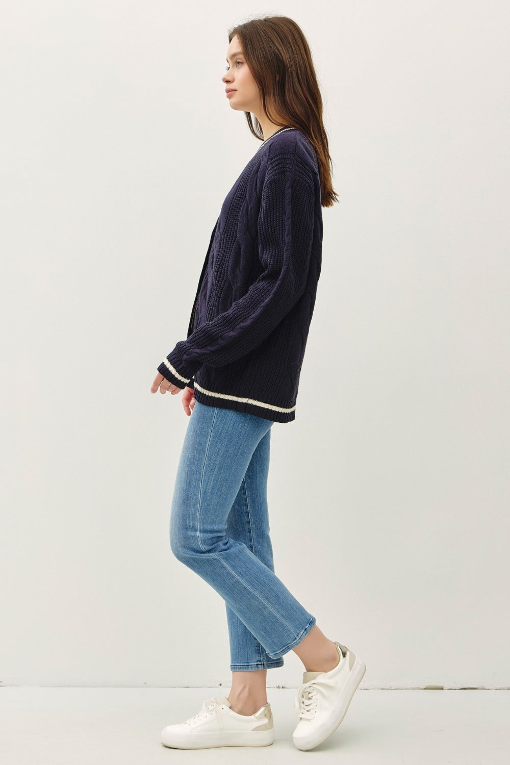 Contrast Trim Cable-Knit V-Neck Cardigan Navy