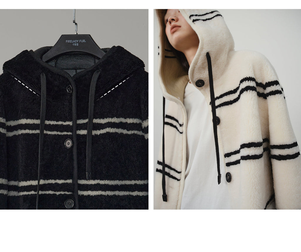 Fireladyfur Women's Lamb Wool Striped Jacket ‘Snowy New Year’