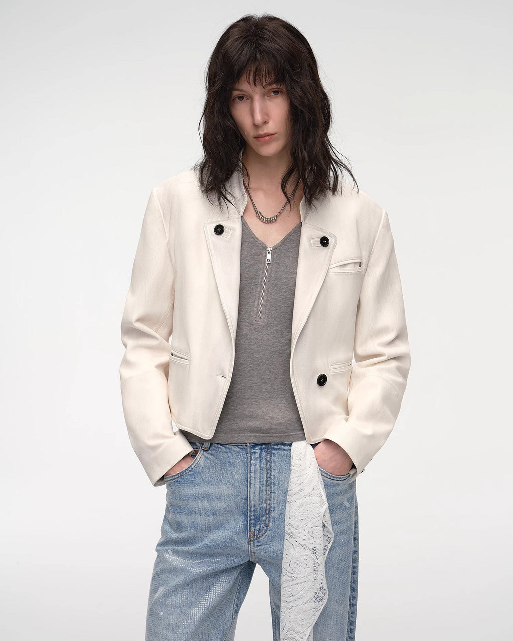 Stand Collar Short Jacket in Sheepskin Leather ‘Roman Story’