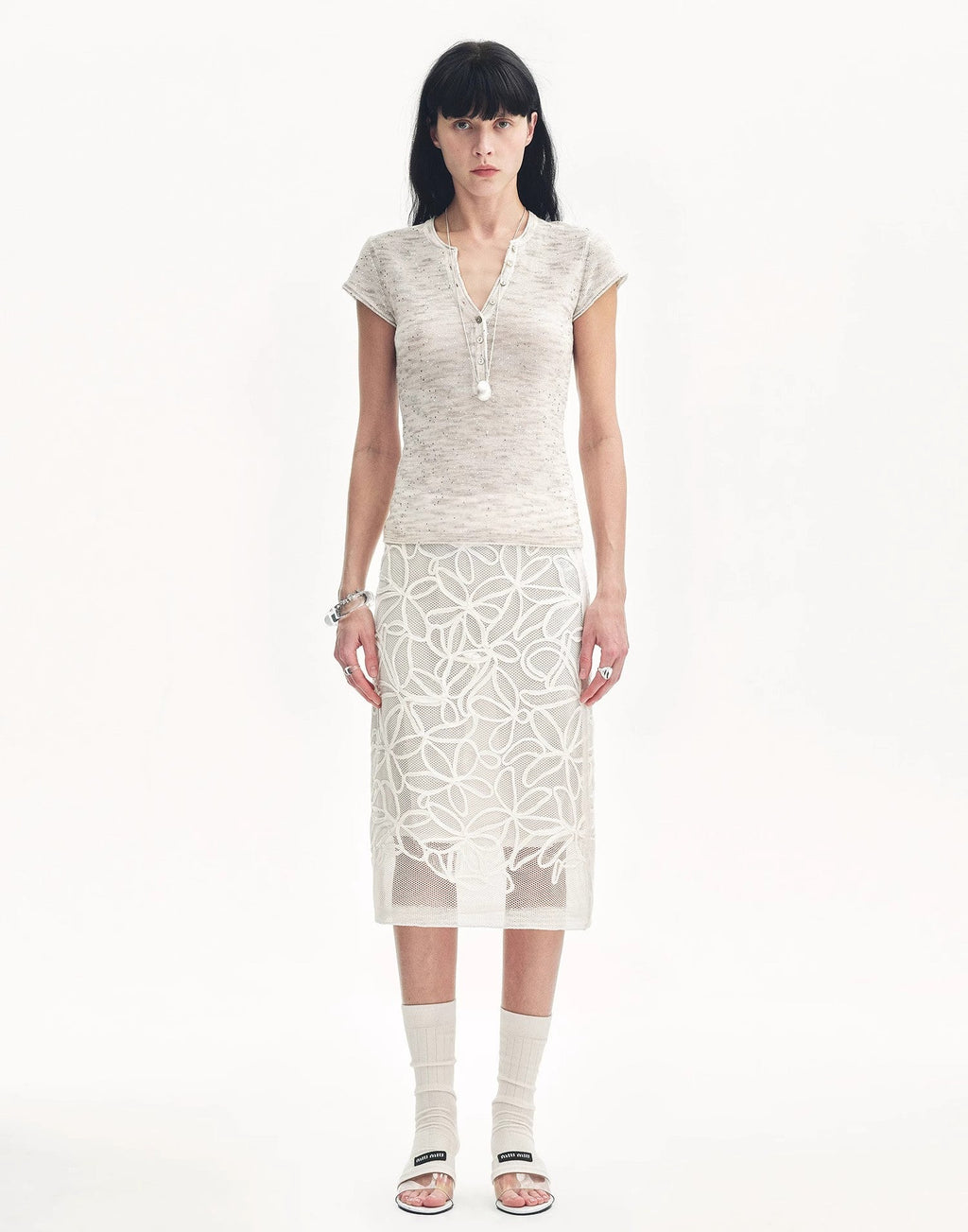 Cotton and Linen Blend Sequined Henley Neck Top ‘Minimalist Light Gap’