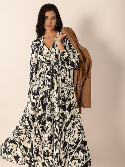 Floral Print Tied V-Neck Long Sleeve Midi Dress