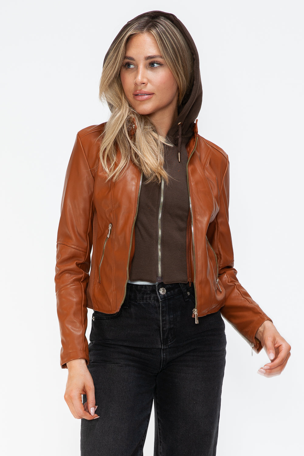 Camel Leather Zip-Up Drawstring Hooded Jacket