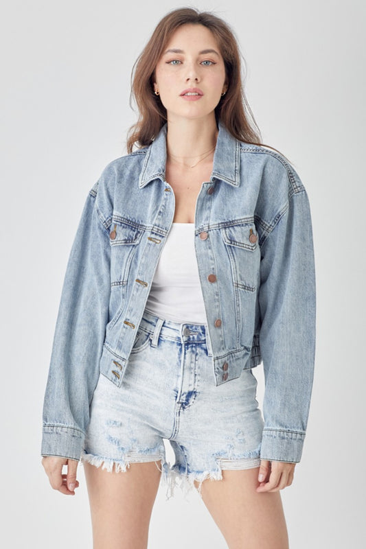 Light Washed Button Down Cropped Denim Jacket