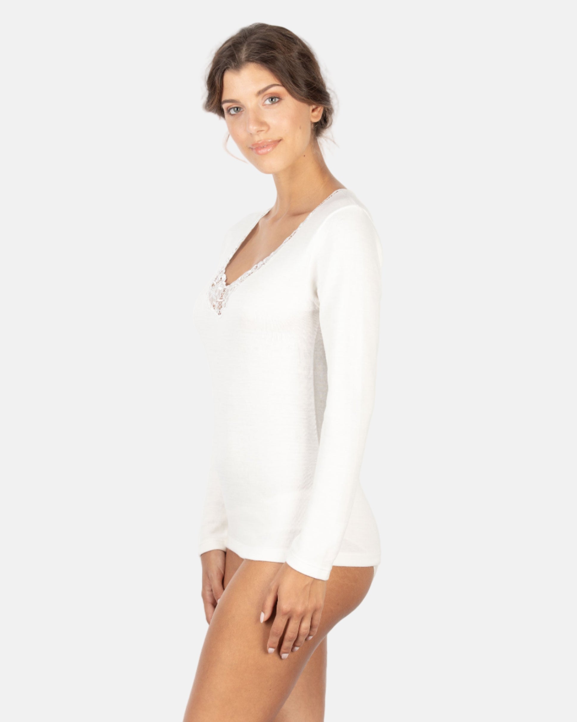 MaRe Cotton Wool Blend Women Long-Sleeved T-Shirt with Macramé Lace