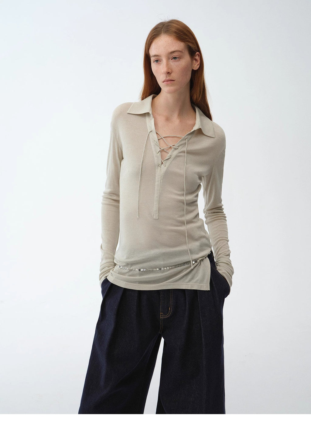 Light Silver Silk Slightly Transparent Knit Top ‘Eiffel’