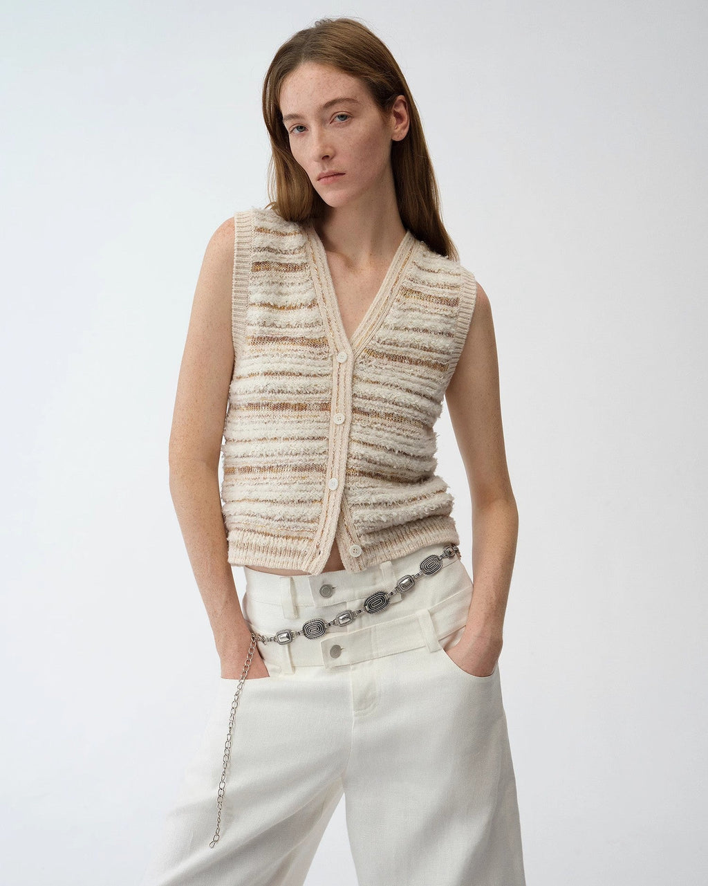 ‘Nice Weekend’ Striped Mixed Woven Knit Cardigan/Vest
