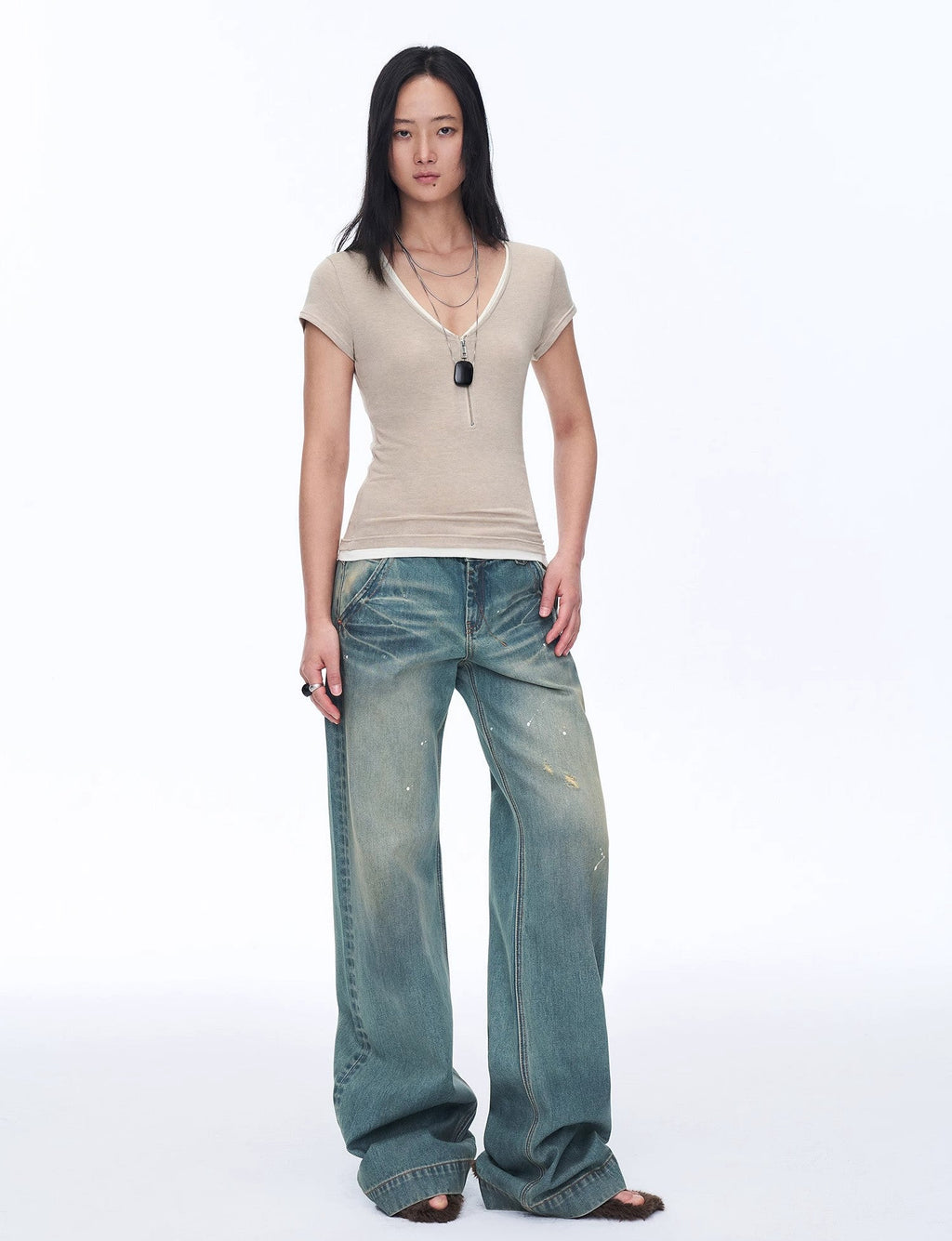 Wool Tencel Deep V-Neck with Zipper Short Sleeve Top