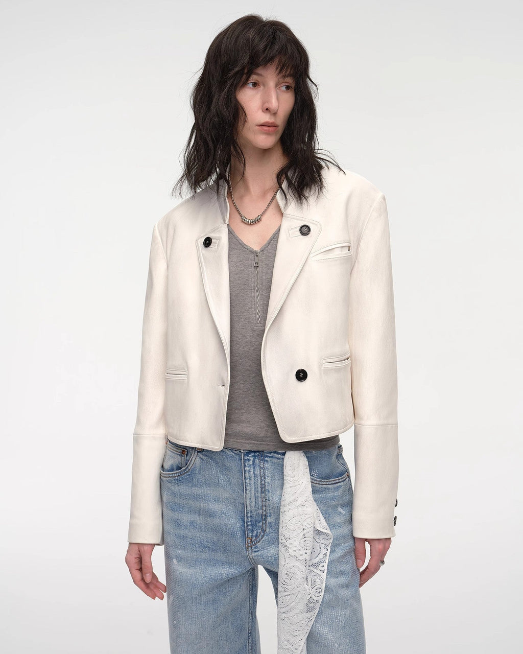 Stand Collar Short Jacket in Sheepskin Leather ‘Roman Story’