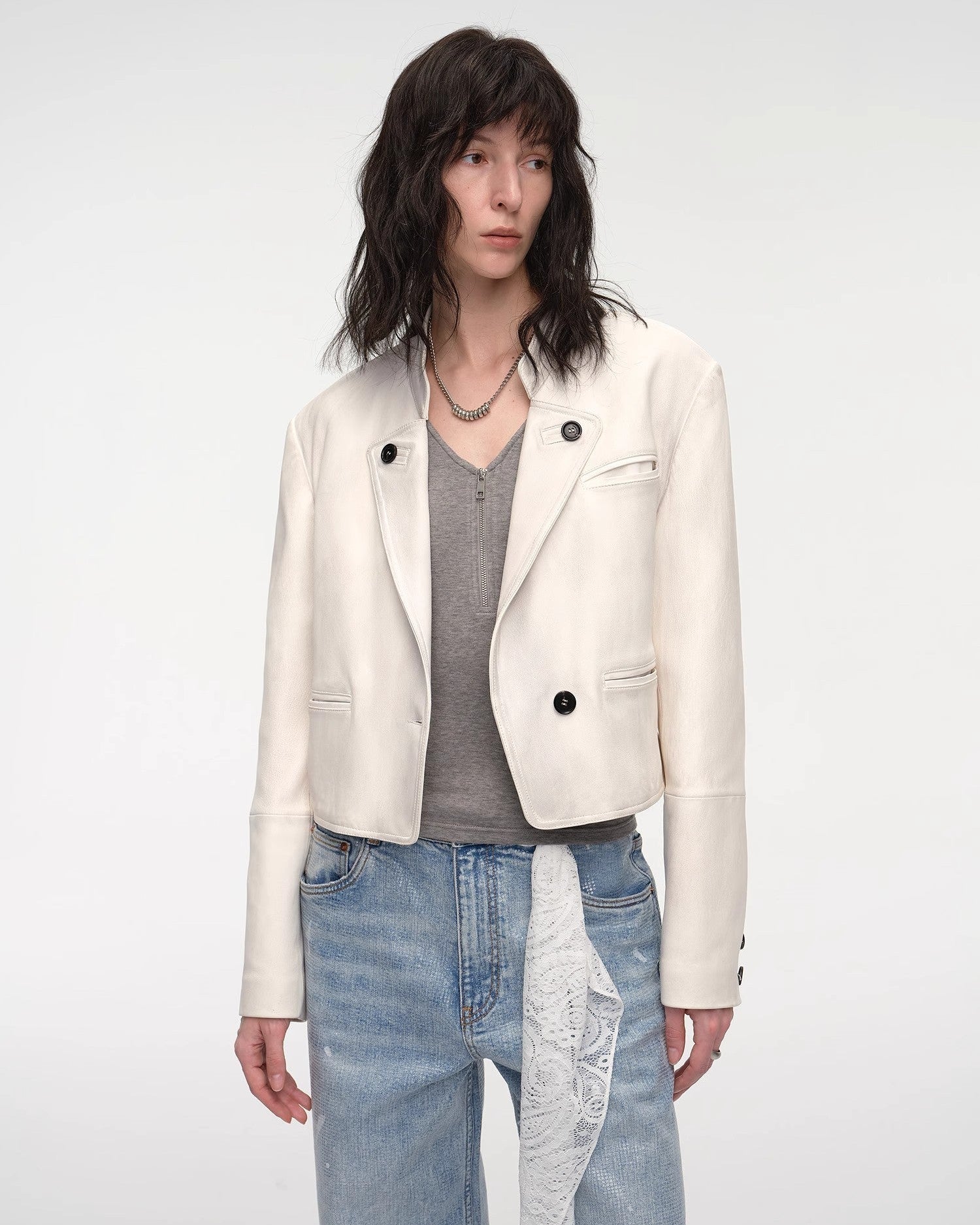 Stand Collar Short Jacket in Sheepskin Leather ‘Roman Story’