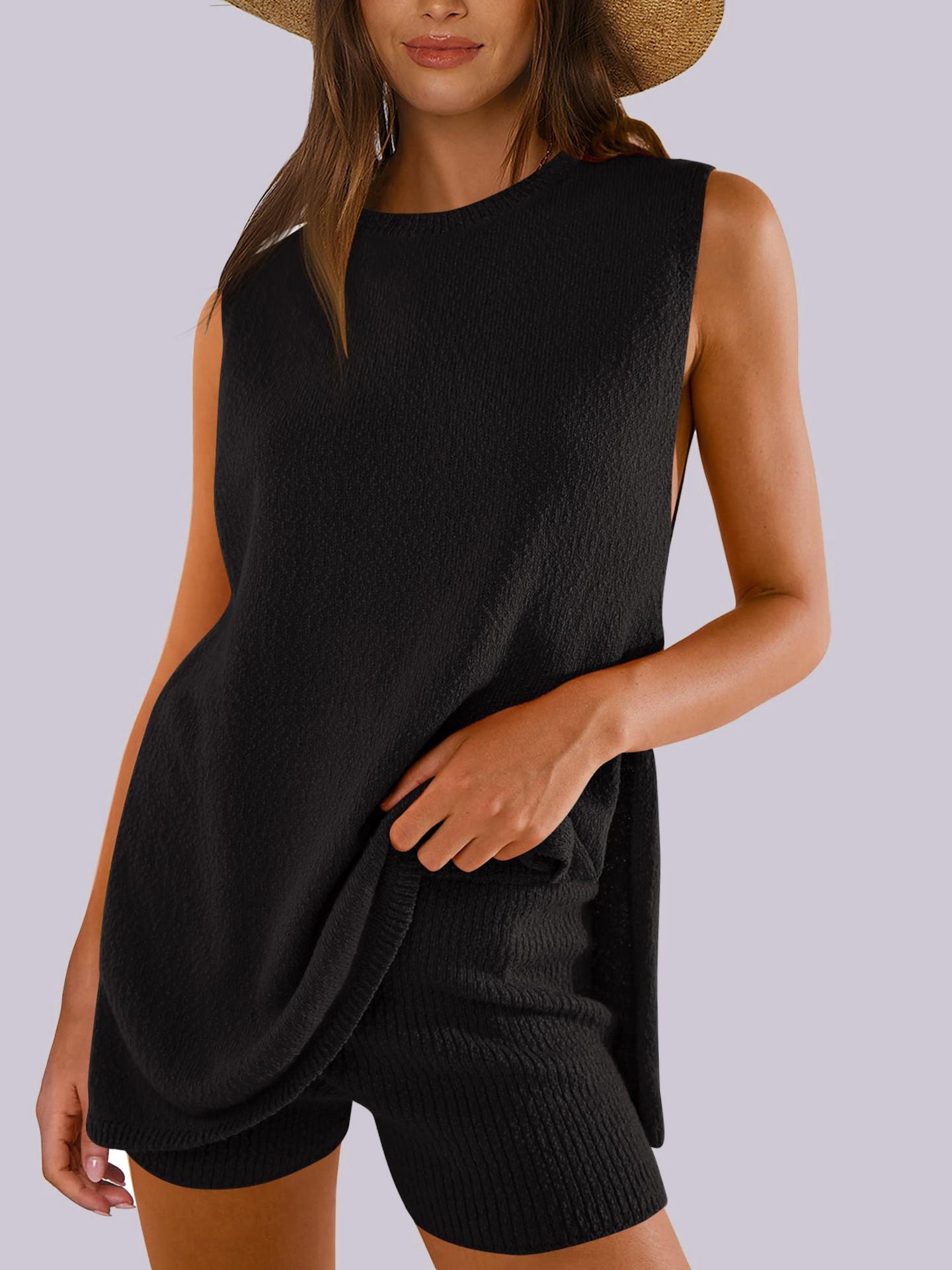 Knitted Side Slit Tank and Shorts Set