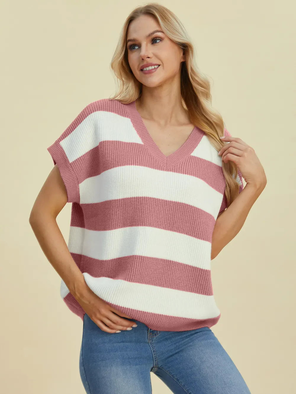 Double Take Striped V-Neck Short Sleeve Sweater