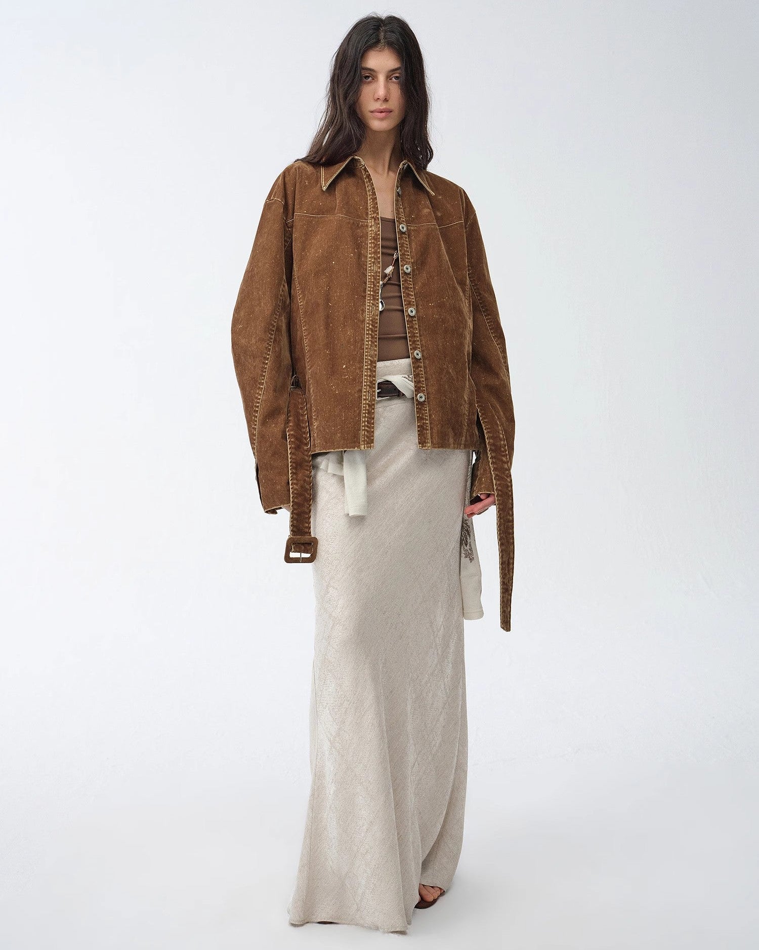 ‘Haruno Dream’ Retro Distressed Flocked Low Waist Long Sleeve Shirt Jacket