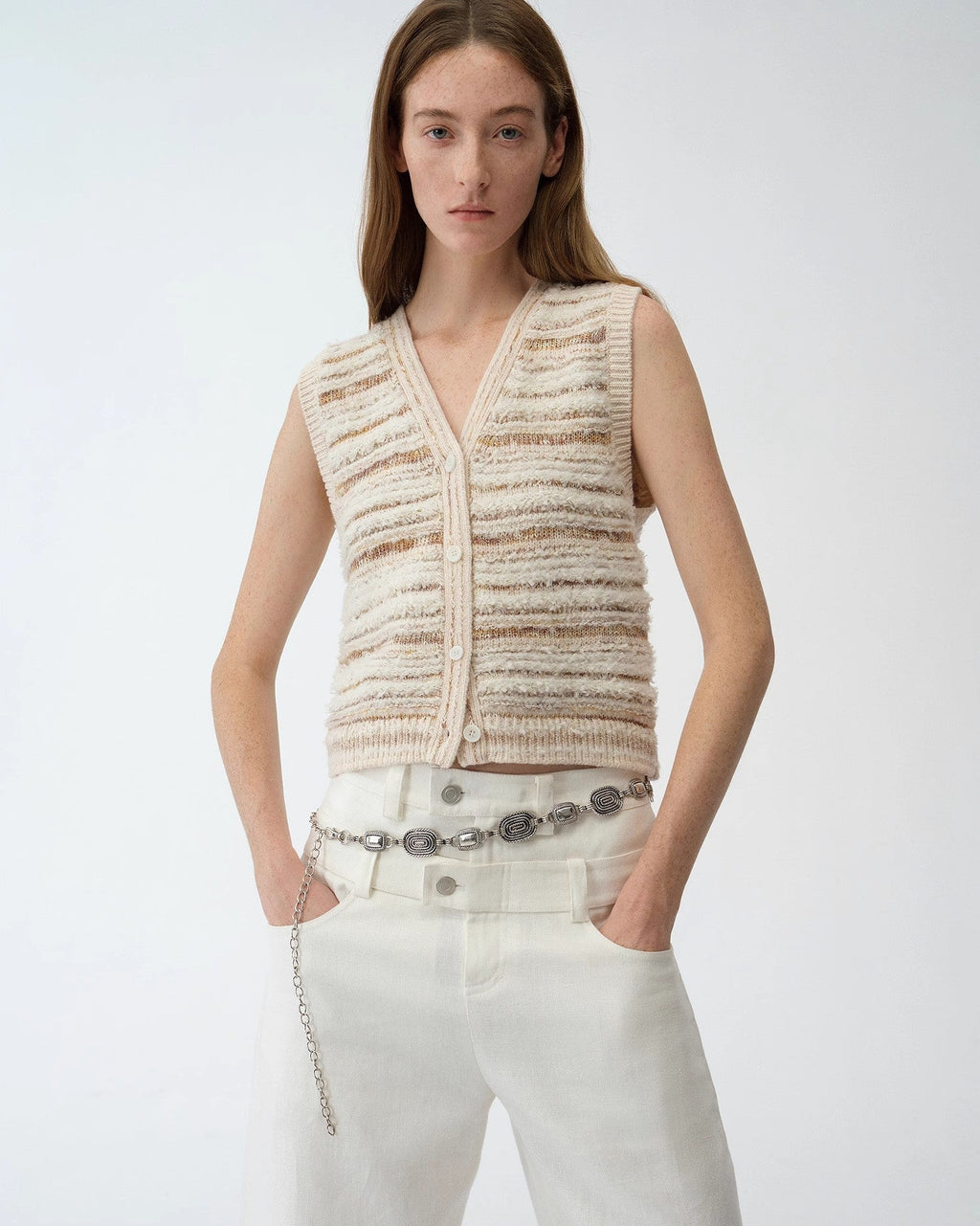 ‘Nice Weekend’ Striped Mixed Woven Knit Cardigan/Vest