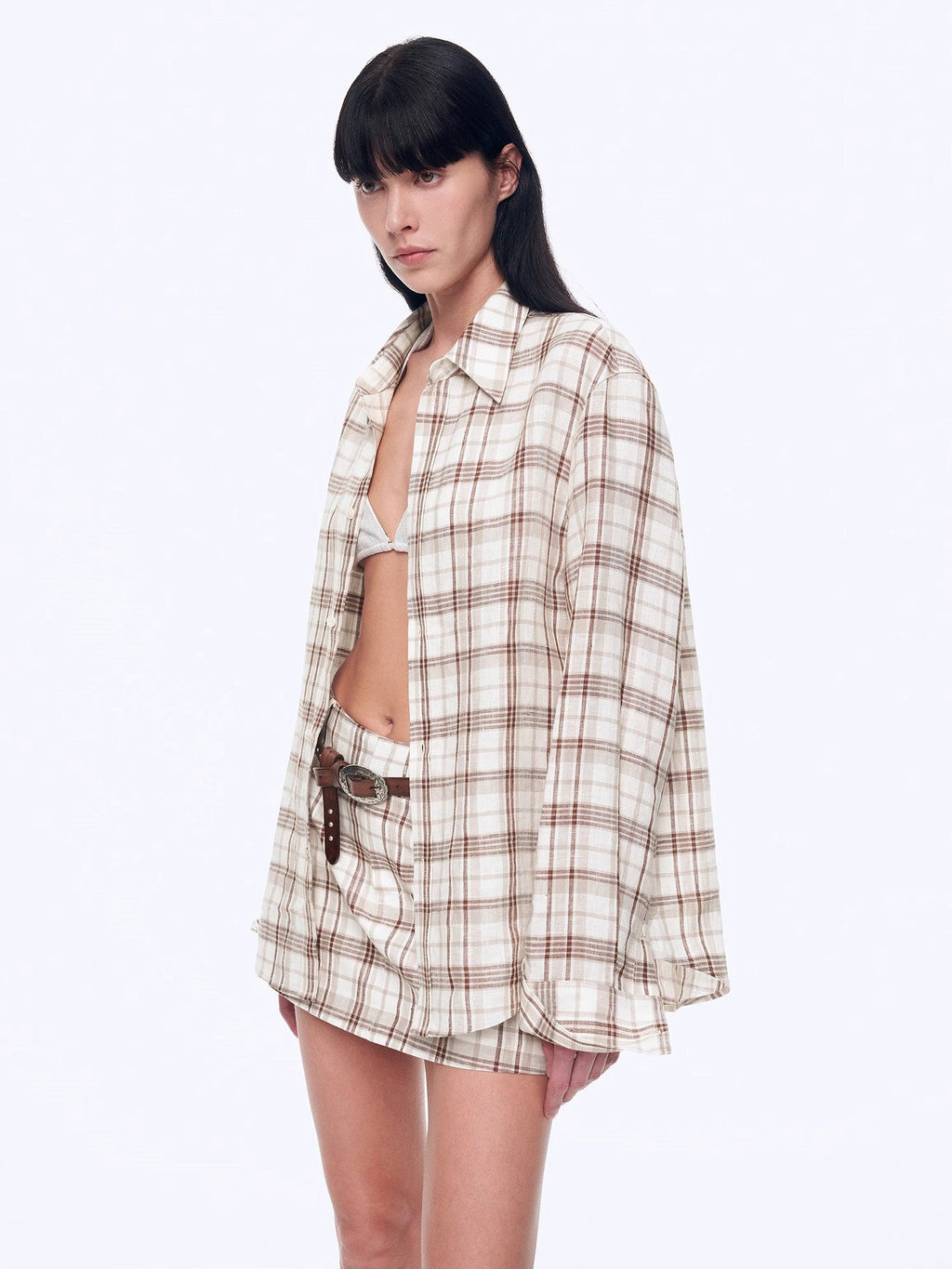 Vintage Linen Shirt & Mini Skirt Two-Piece Spring 'Plaid Sketch'