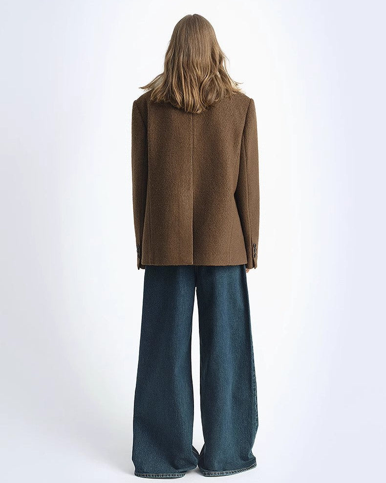 Fireladyfur Wool Tweed Coat with Detachable Fur Collar 'Vertical Texture'