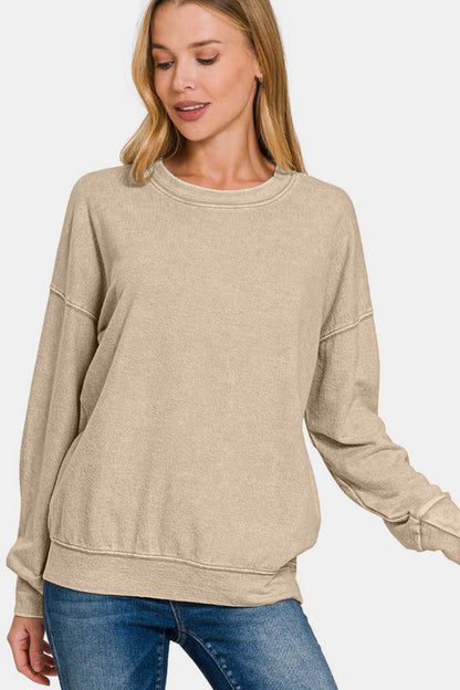 Khaki Washed Dropped Shoulder Sweatshirt