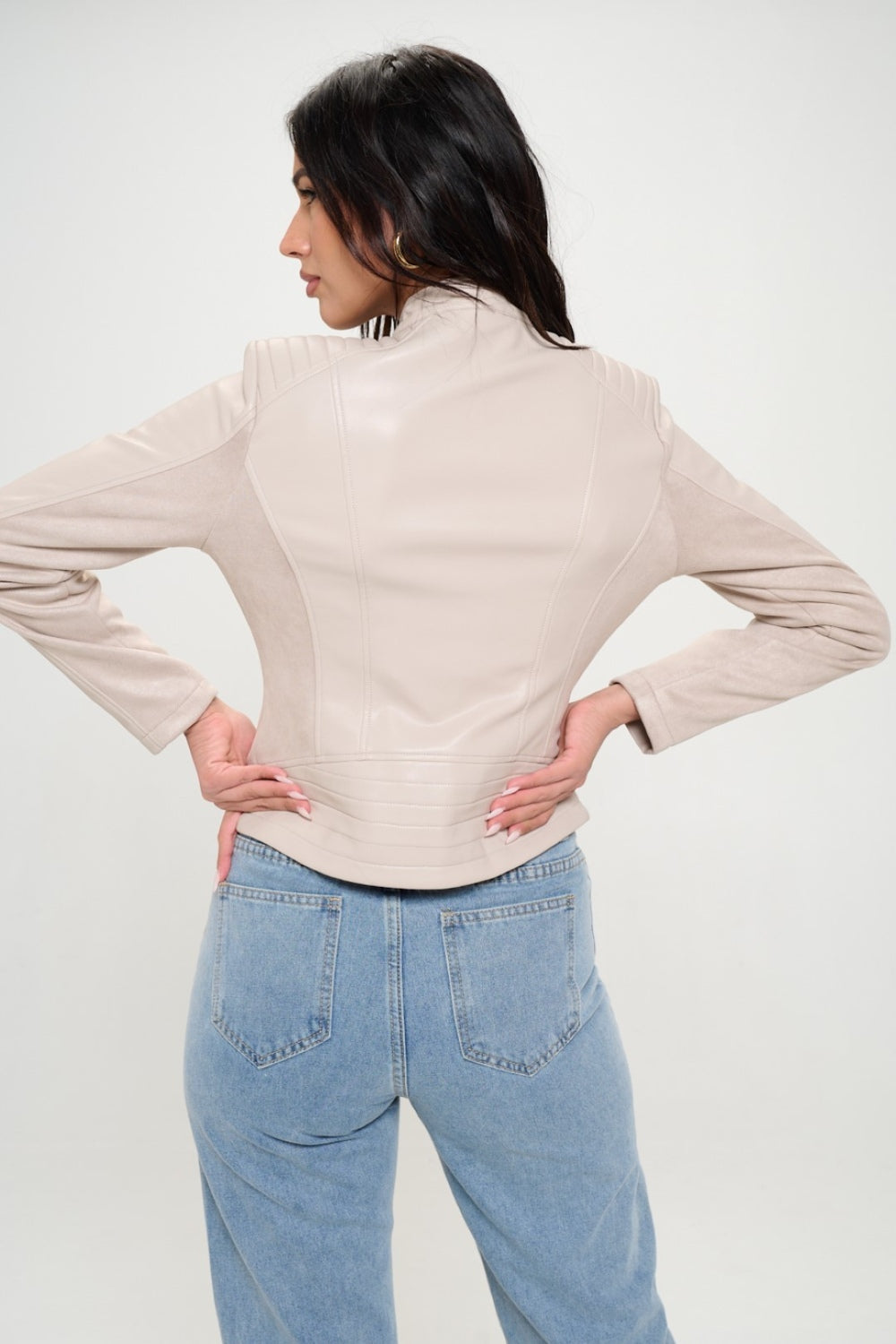 Cream Color Zip-Up Vegan Moto Jacket