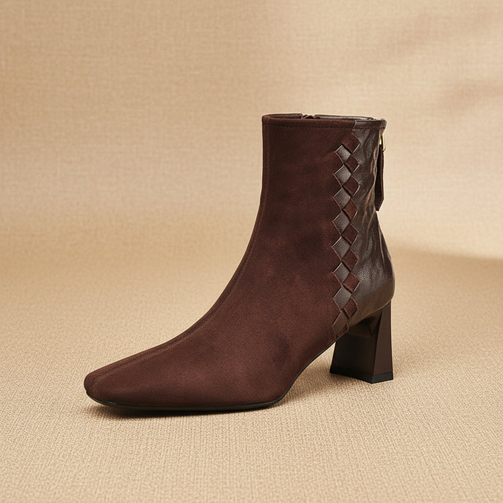 Women's Sheepskin Square Toe Chunky Heel Ankle Boots | Korean Patchwork Style