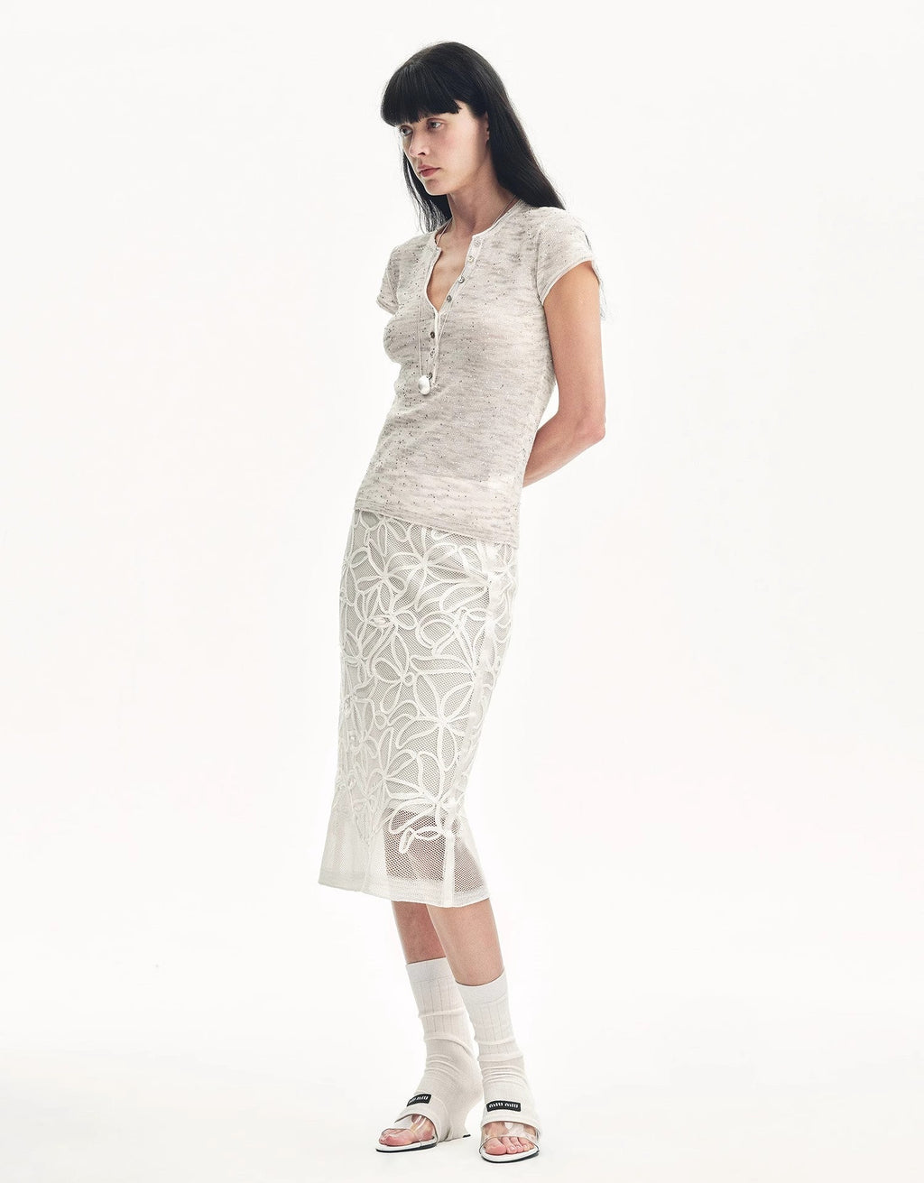 Cotton and Linen Blend Sequined Henley Neck Top ‘Minimalist Light Gap’