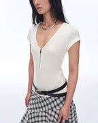 Wool Tencel Deep V-Neck with Zipper Short Sleeve Top