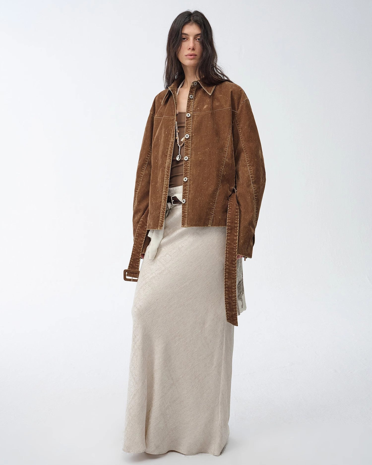 ‘Haruno Dream’ Retro Distressed Flocked Low Waist Long Sleeve Shirt Jacket