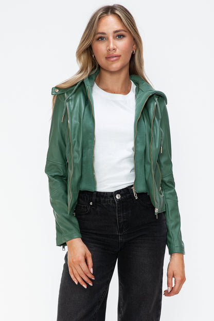 Sage Leather Zip-Up Drawstring Hooded Jacket