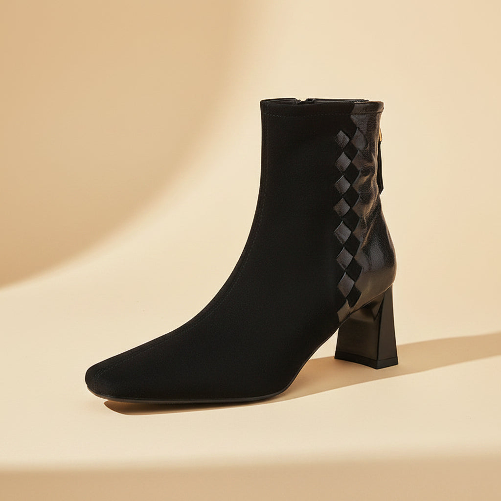 Women's Sheepskin Square Toe Chunky Heel Ankle Boots | Korean Patchwork Style