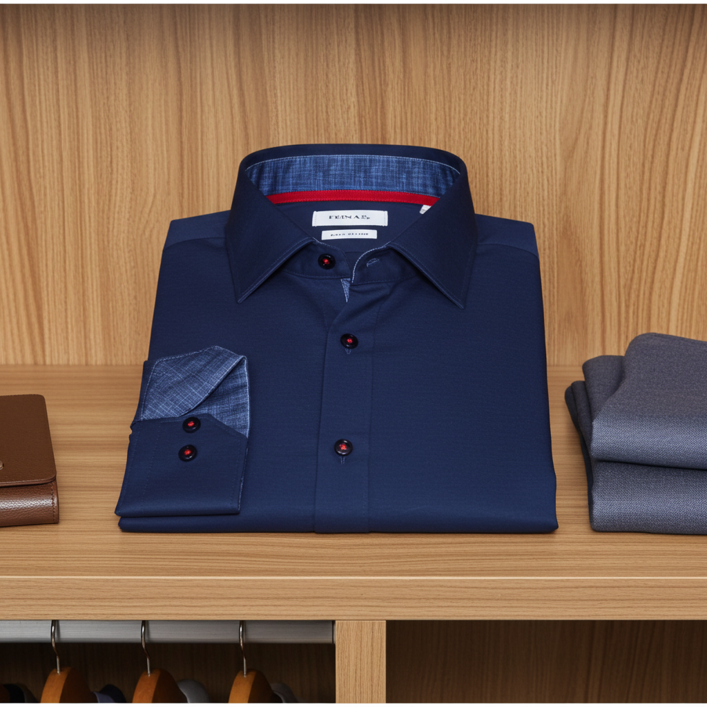 Kevin Cotton Knit-Stretch Button-Up Shirt with Contrast Details Navy | Tailored Fit (Fitted)