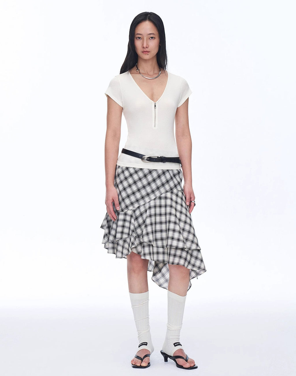 Wool Tencel Deep V-Neck with Zipper Short Sleeve Top