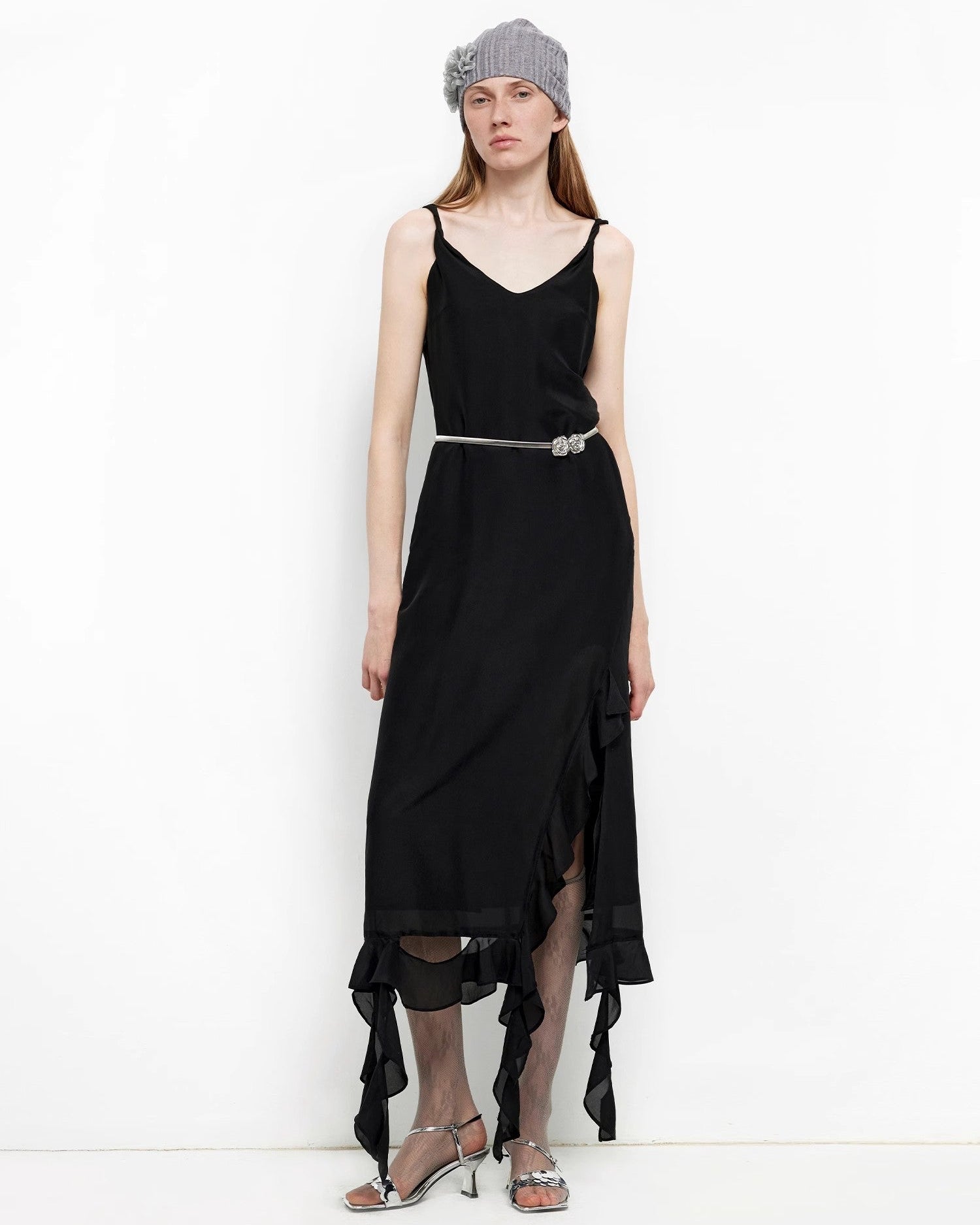 Acetate Mulberry Silk V-Neck Ruffled Draped Twist Strap Summer Dress ‘Rosy Ombre’