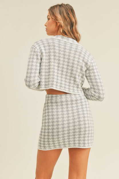 Houndstooth Cropped Knit Cardigan and Mini Skirt Set Blue