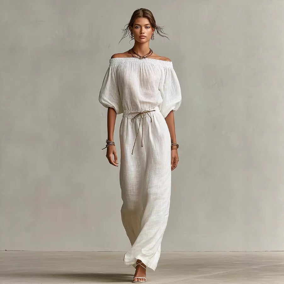 Women's Linen Pants Suit | Solid Color Lantern Sleeve Set