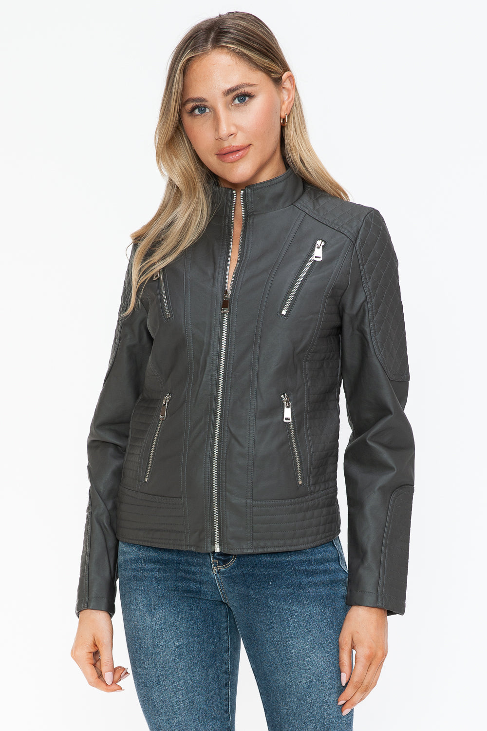 Charcoal Faux Leather Zip-Up Mock Neck Jacket