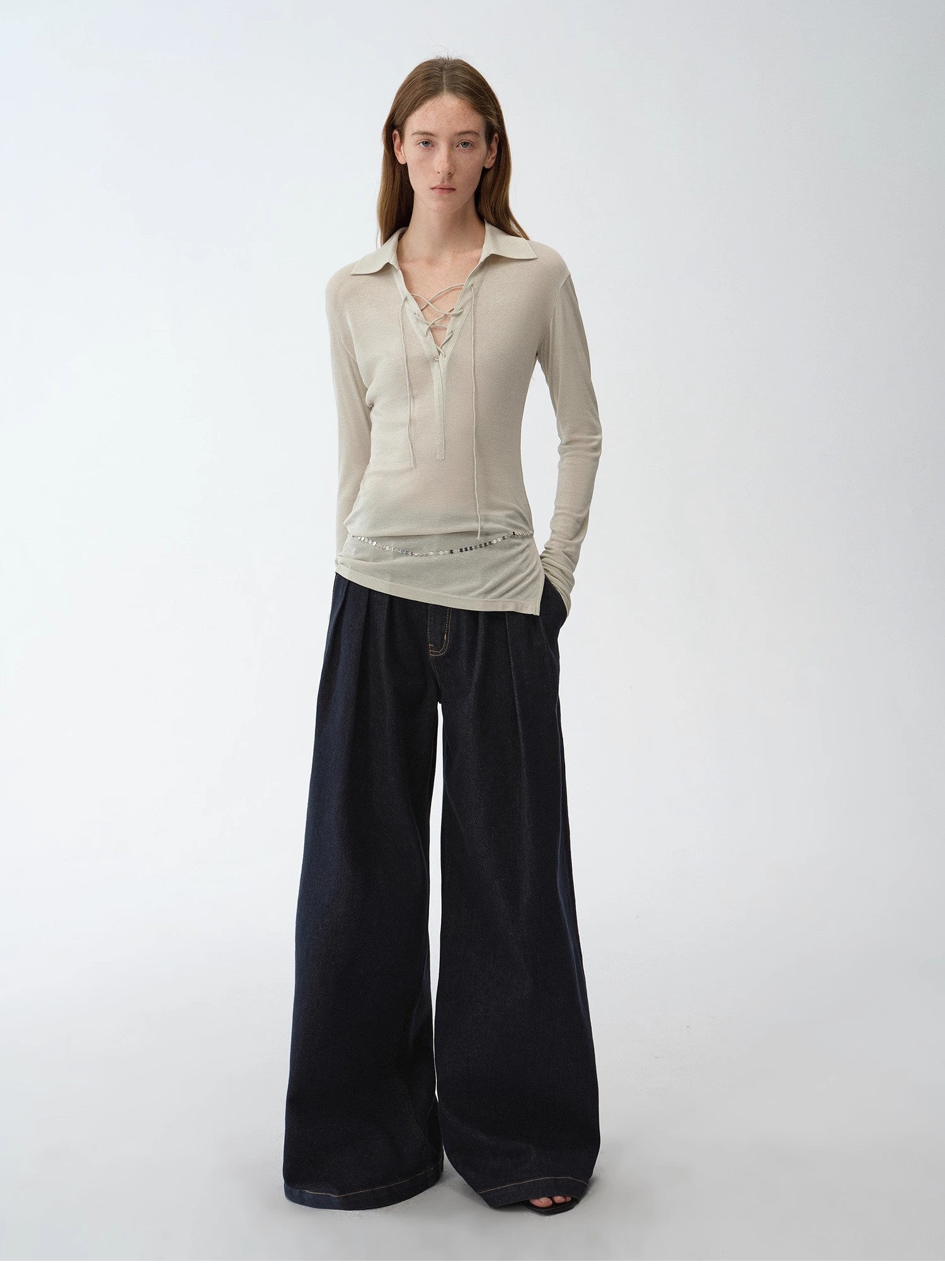 Light Silver Silk Slightly Transparent Knit Top ‘Eiffel’