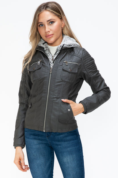 Removable Faux Layered Multi-Pocket Jacket with Fuzzy Hood Charcoal