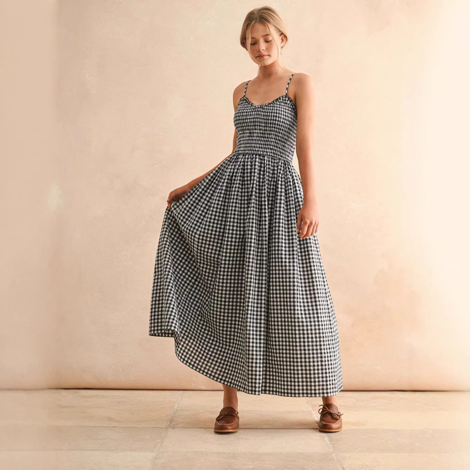 Women's Retro Plaid Sleeveless A-Line Maxi Dress
