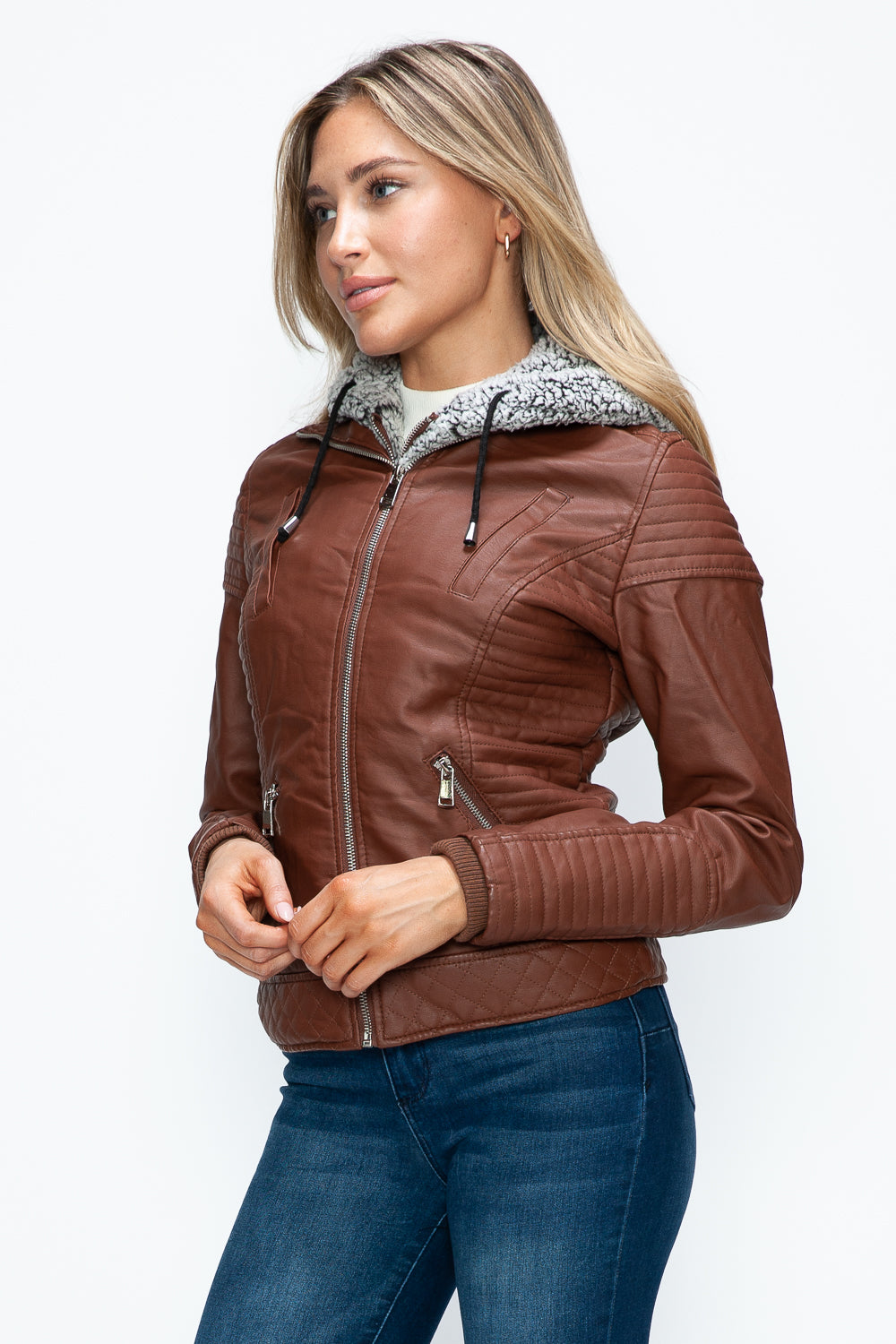 Faux Layered Double-Zipper Jacket with Fuzzy Hood Brown