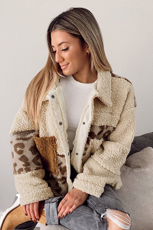 Leopard Collared Neck Sherpa Jacket