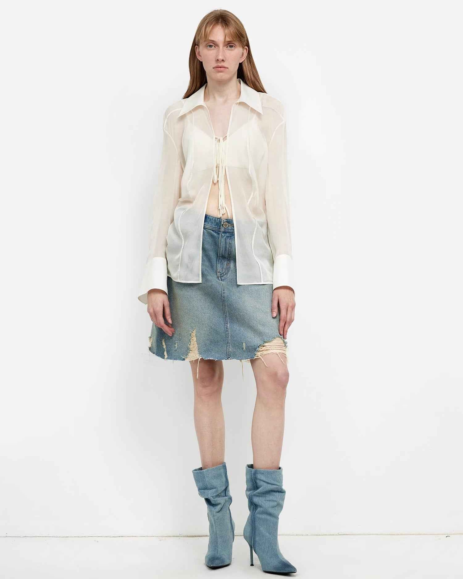 Silk Chiffon Light and Hazy Cool Drape Lace-Up Summer Shirt ‘Hazy Moonlight’