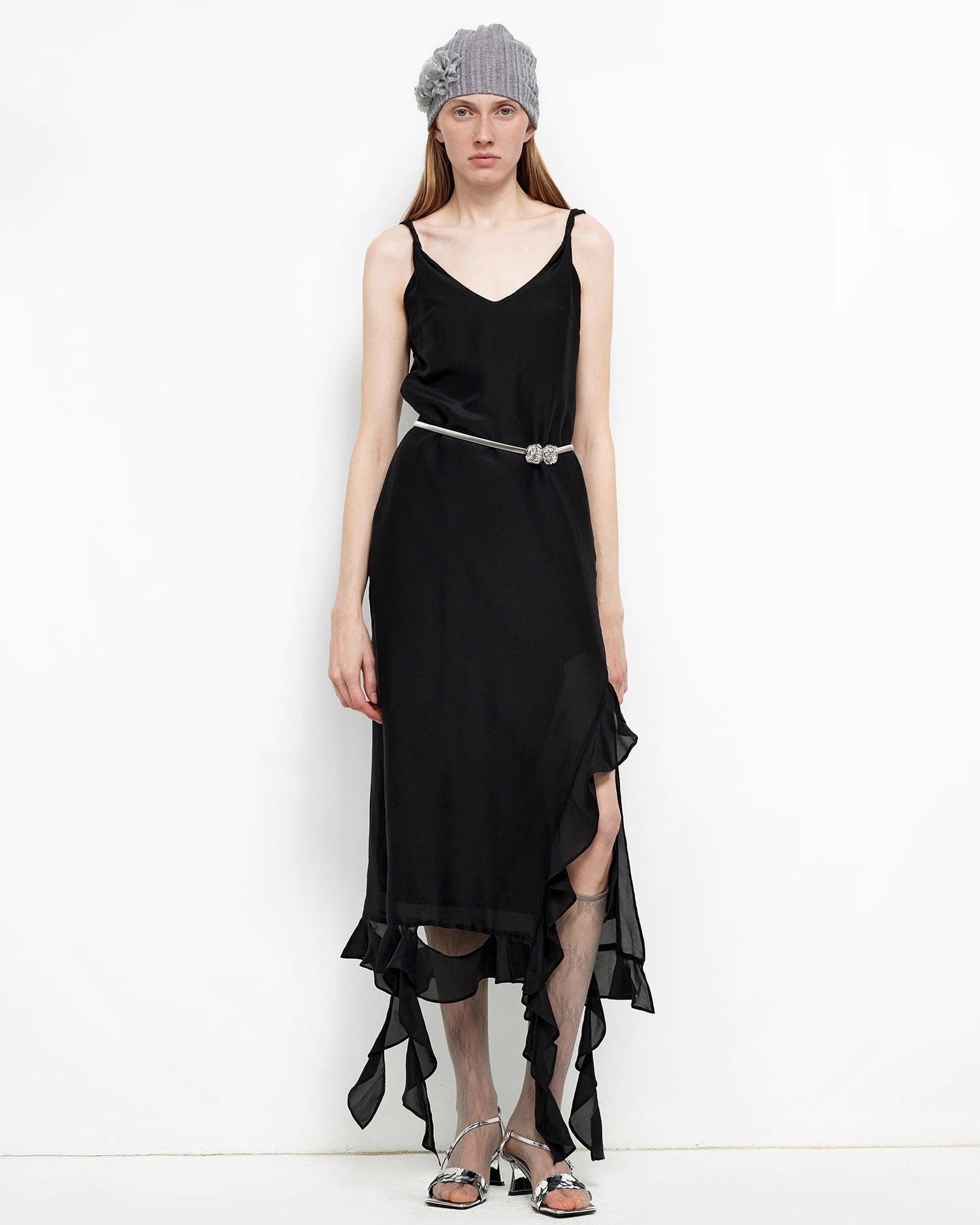 Acetate Mulberry Silk V-Neck Ruffled Draped Twist Strap Summer Dress ‘Rosy Ombre’