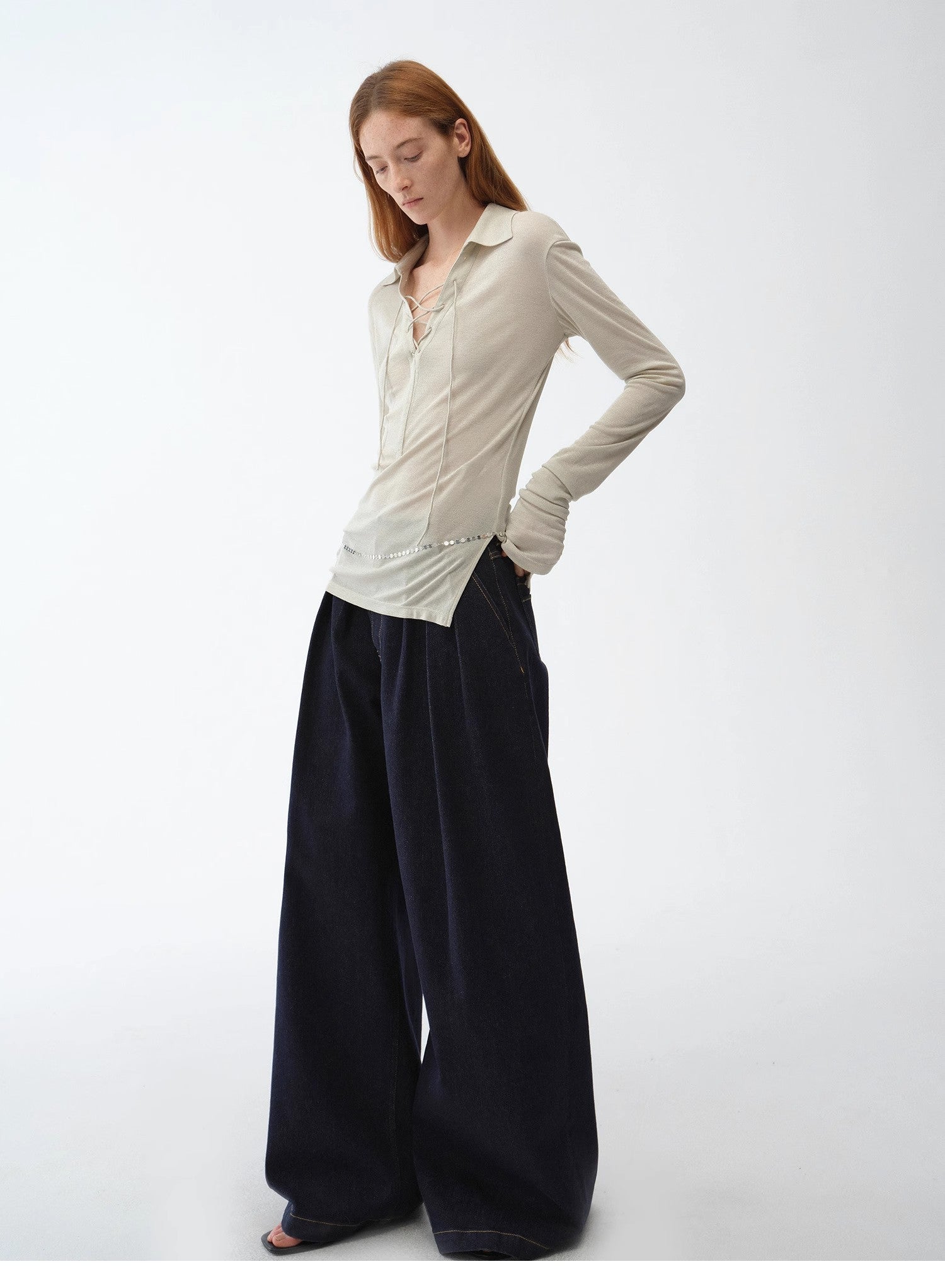 Light Silver Silk Slightly Transparent Knit Top ‘Eiffel’