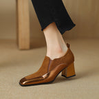 Women's Retro Cowhide Square Toe Chunky Heel | Slip-On Pumps