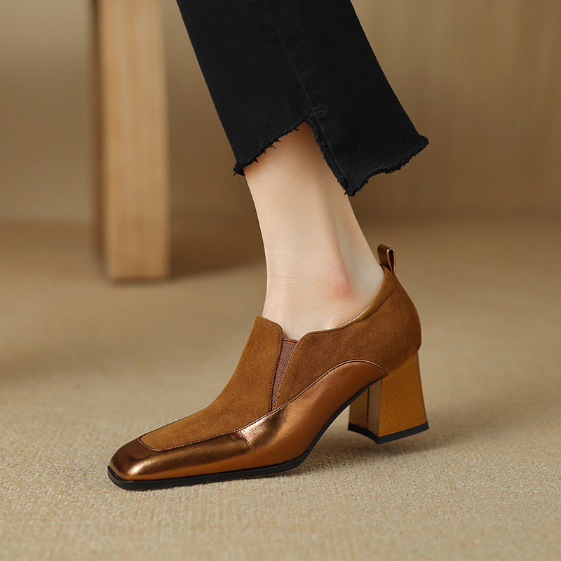 Women's Retro Cowhide Square Toe Chunky Heel | Slip-On Pumps