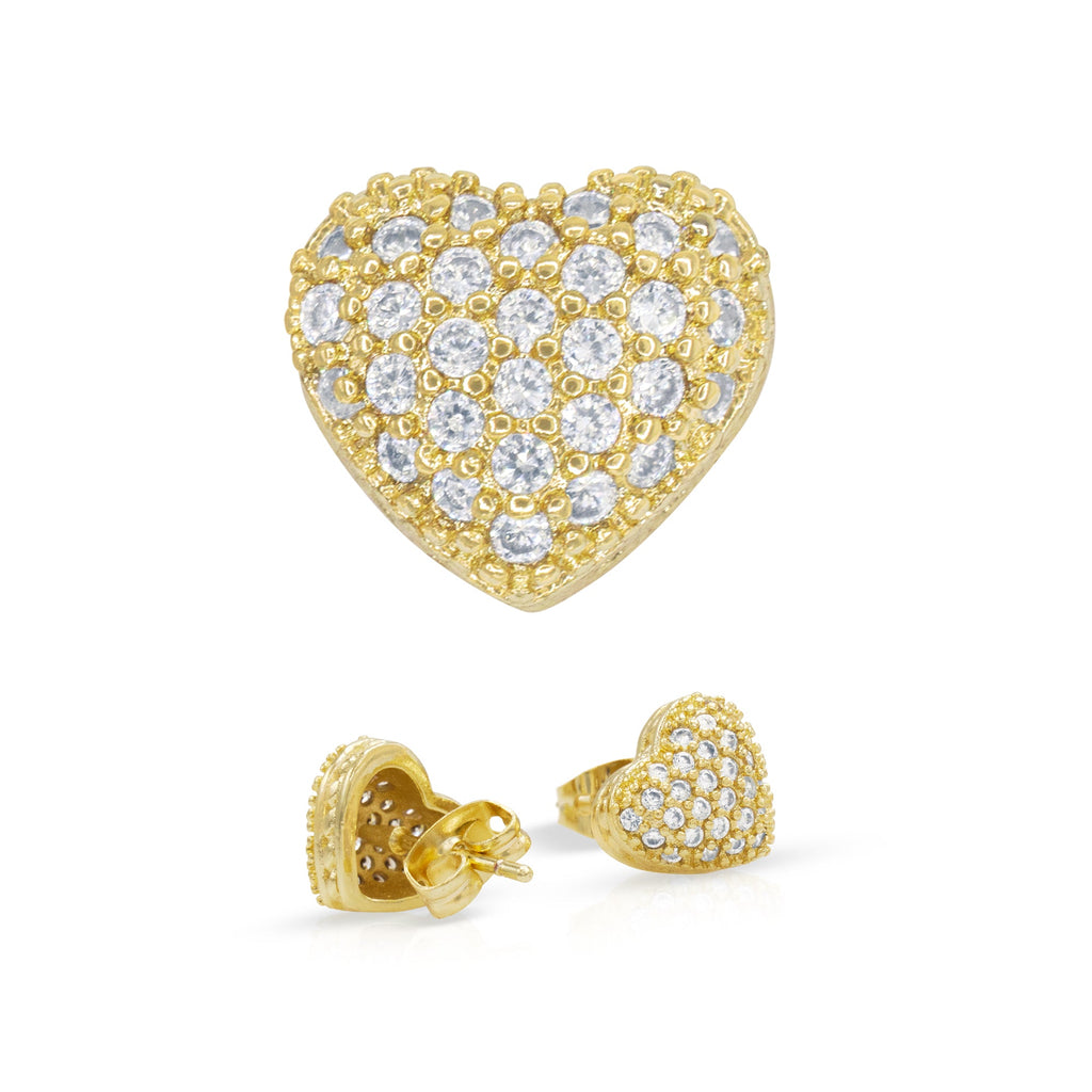 Heart 3 CZ Earrings 14K Gold Filled Silver Hip Hop Studs
