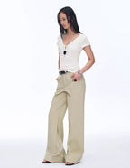 Wool Tencel Deep V-Neck with Zipper Short Sleeve Top