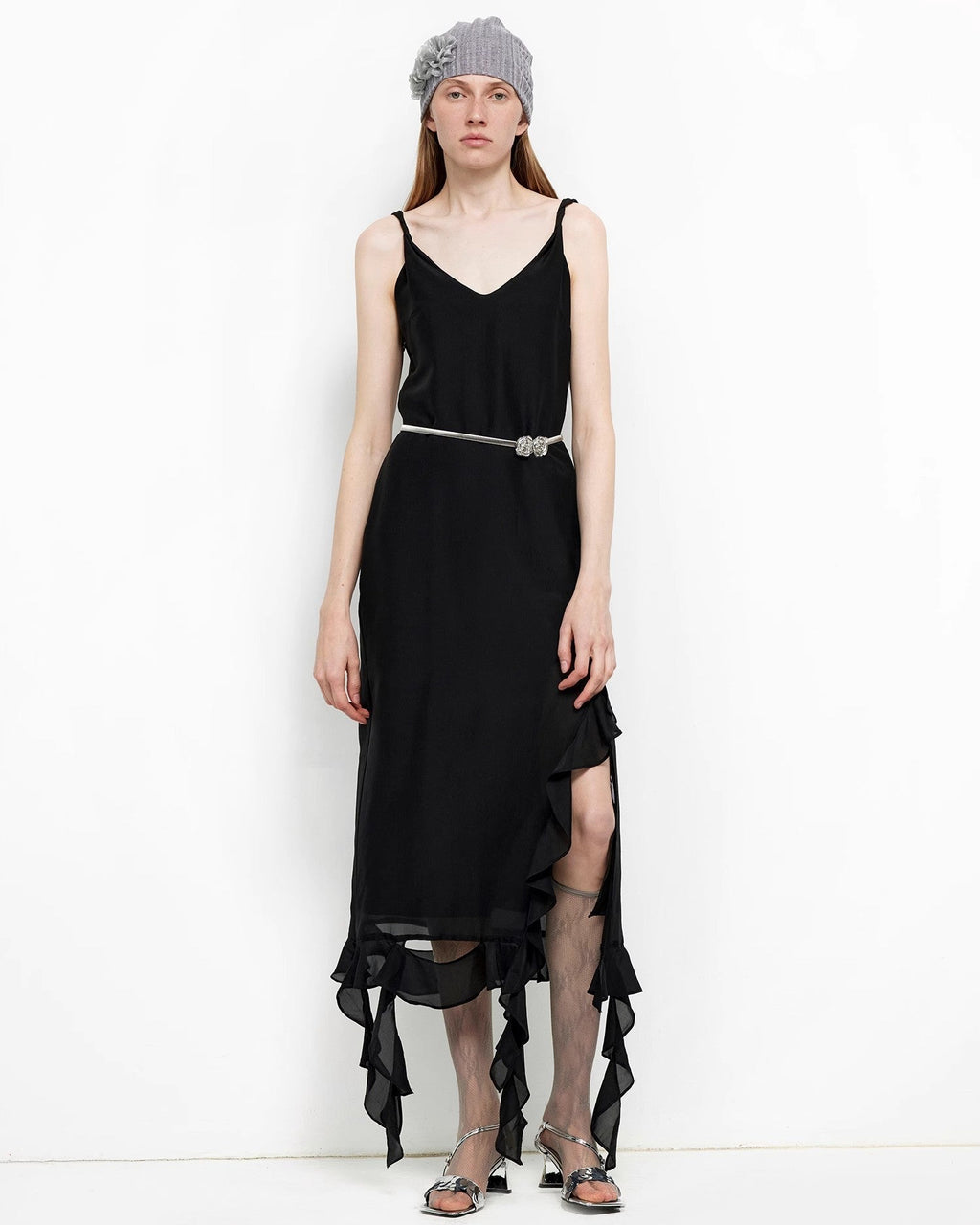 Acetate Mulberry Silk V-Neck Ruffled Draped Twist Strap Summer Dress ‘Rosy Ombre’